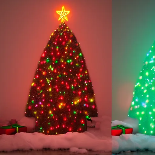 Image similar to a christmas tree made out of neon lights in a dark room, hyperrealistic photograph, artstation, octane render