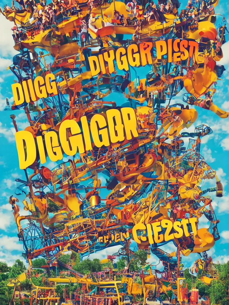 Image similar to poster for the diggerfest festival, digger land amusement park, concert, couple dancing, really good vibes, creative, 2 0 0 0 s, aesthetic