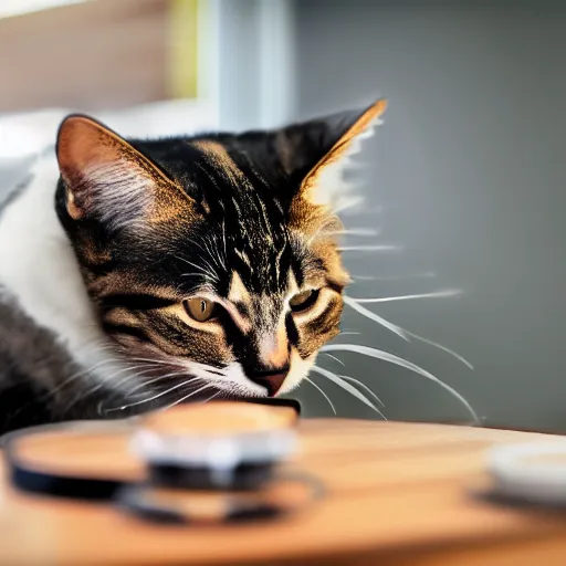 Image similar to a realistic cat pounding it's paw on the table facing a camera lens