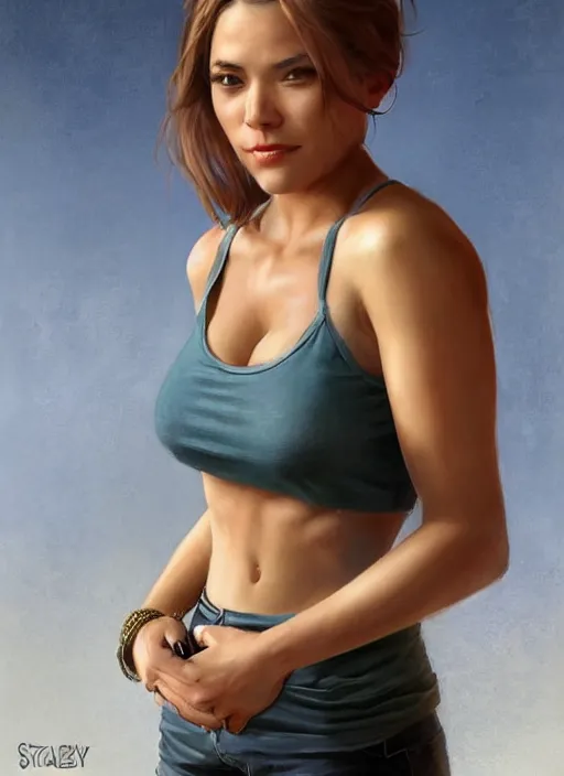 Image similar to full length photo of a beautiful midget woman in a tanktop in the style of stefan kostic, realistic, sharp focus, 8k high definition, insanely detailed, intricate, elegant, art by stanley lau and artgerm