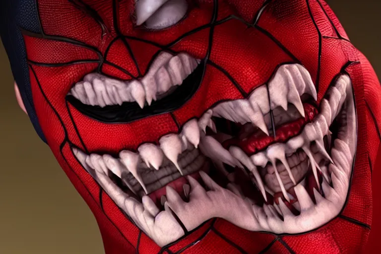 Image similar to Joker imitates Spider-Man and laughs, scary scene, top horrible creatures, horrible, horrors filmed on camera, fangs and drool, jaw and tongue, man is terrified, 8k, black and red, octane render, hyper-realistic, artstation trends, ray tracing, night, flashlight