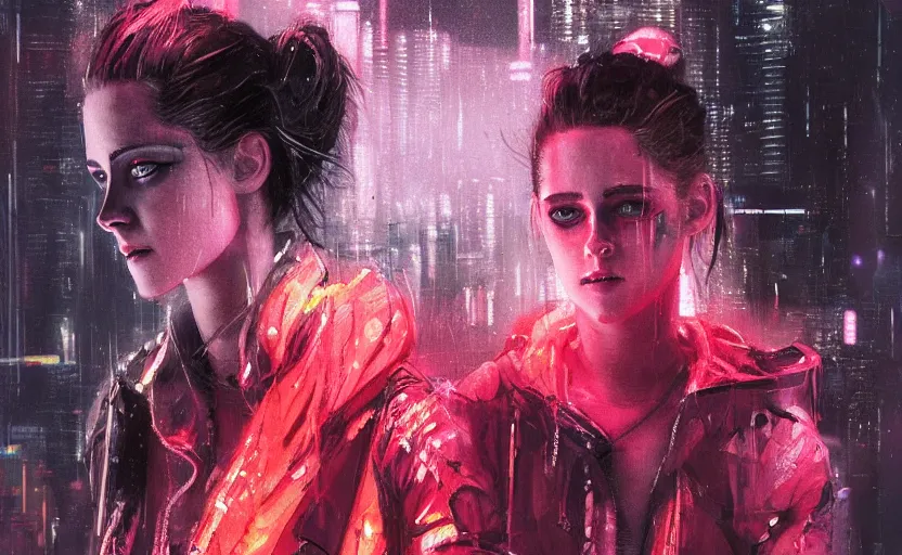 Image similar to detailed film still of portrait neon operator lady kristen stewart in the movie blade runner, messy ponytail, cyberpunk futuristic, neon, reflective puffy coat, decorated with traditional japanese by ismail inceoglu dragan bibin hans thoma greg rutkowski alexandros pyromallis nekro, illustrated, perfect face, fine details, realistic shaded, fine - face, pretty face