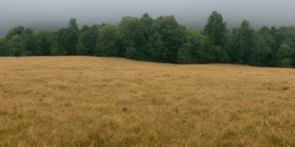 Image similar to Dutch moor field, slightly hilly, small forest in the background. Overcast day