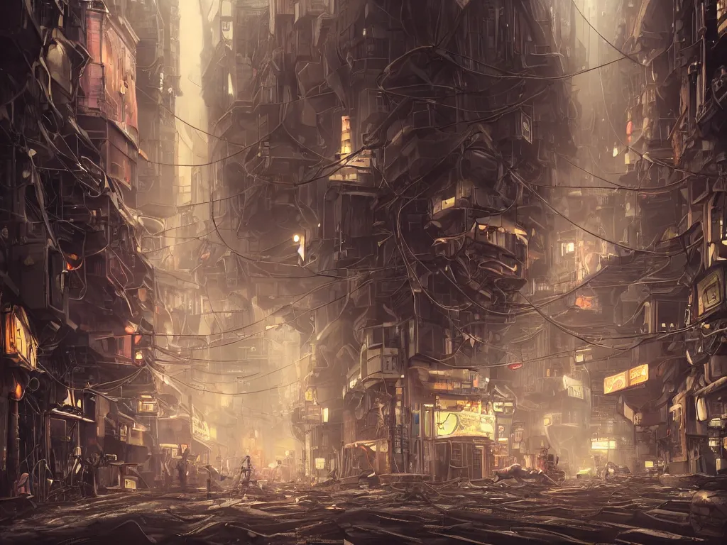 Image similar to futuristic dieselpunk narrow street, cable stone ground. lots hanging cables, tiny wires on the ground. garbage on the ground. rain. fog, haze, evening. led screens. neon signs. very sharp. cables on the ground. very messy. futuristic. photorealistic. artstation. anime. studio gimbli style. golden rate.