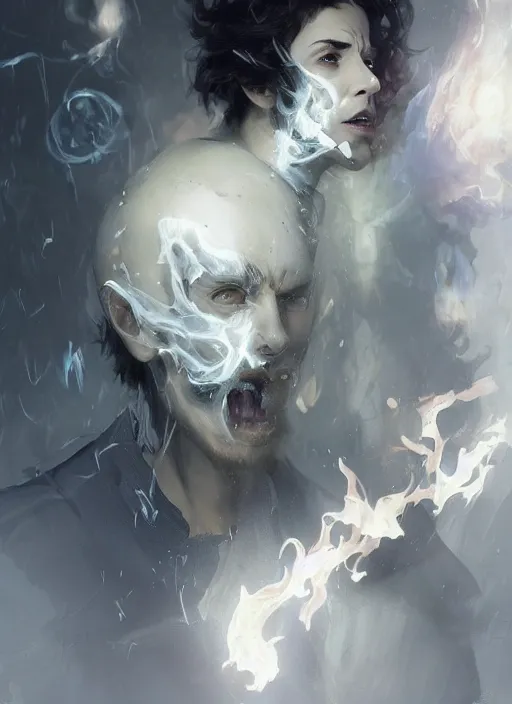 Prompt: character concept portrait of an attractive young angry Spanish wizard with pale white skin and wearing parital skull mask while enchanting a flaming seduction spell, a floating burning spell book in the center, intricate, elegant, digital painting, concept art, smooth, sharp focus, illustration, from Metal Gear, by Ruan Jia and Mandy Jurgens and William-Adolphe Bouguereau, Artgerm