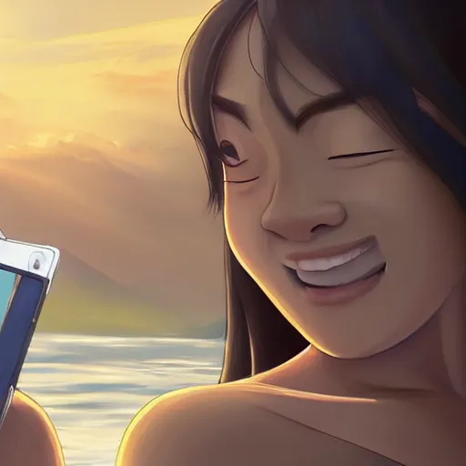 Prompt: beautiful serene intricate portrait of katara and toph beifong taking a selfie, smiling softly, relaxing on the beach, golden hour, soft focus, 8 k, art by irakli nadar, hyperrealism, hyperdetailed, ultra realistic