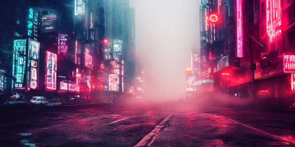 Image similar to city streets, neon signs, giant screens, eerie fog, blade runner, ex machina