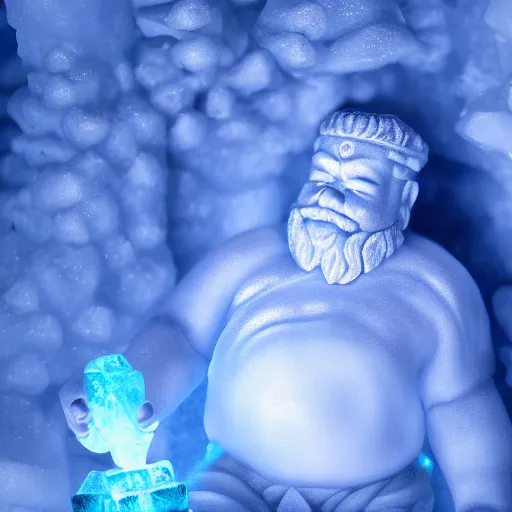 Prompt: an ice statue of a dwarf peacefully sleeping in his bead, stunning digital art high detail 4k octane