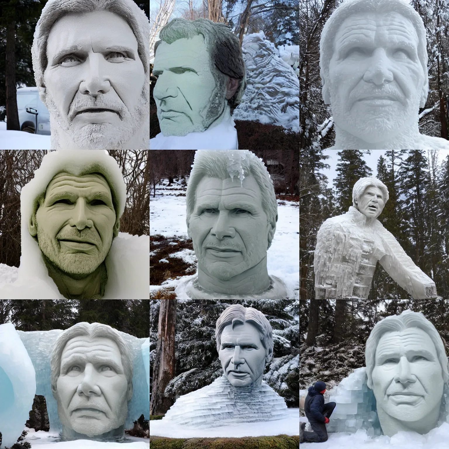 Prompt: harrison ford sculpture carved out of ice