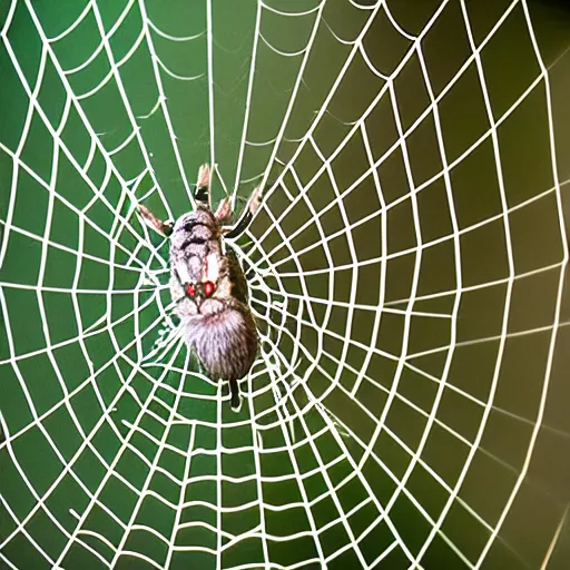 Prompt: a spidercat in the middle of a spider web.