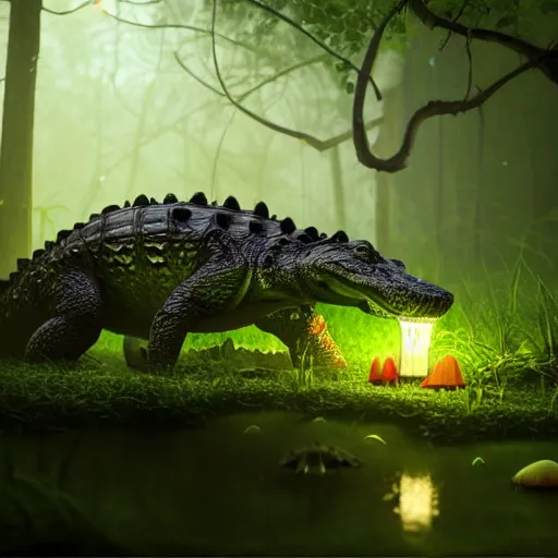 Prompt: alligator covered in glowing mushroom in swamp fog, mist, fireflies, vines, bioluminescent, rain by dali, glow, trending on artstation,, vibrant, intricate detail, dramatic lighting, octane render, weta digital, micro details, 3 d structure, ray trace