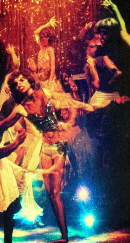 Prompt: the Antichrist dancing at Studio 54, disco, saturated color, high contrast, strobe lights, sparkles, depth of field, 1976, bad vhs