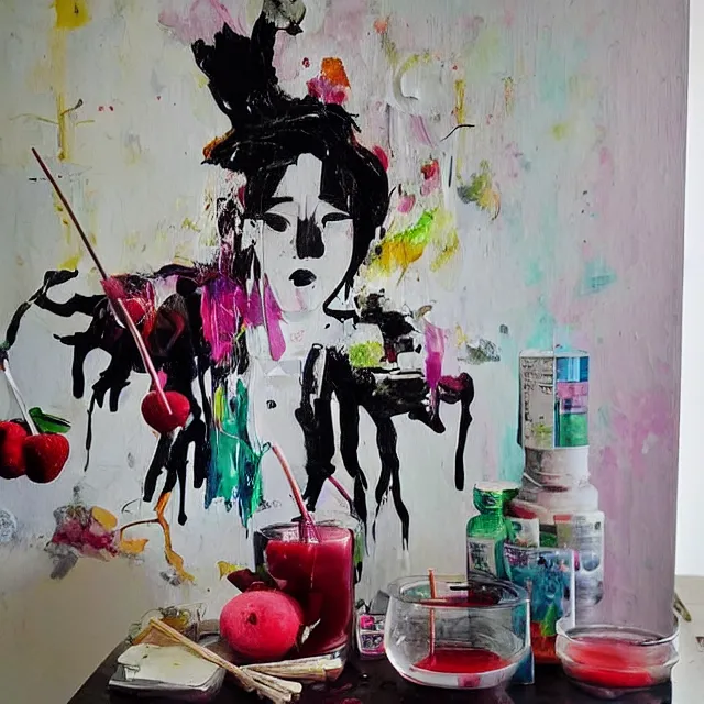 Image similar to “ a portrait in a female art student ’ s apartment, sensual, a pig theme, art supplies, paint tubes, ikebana, herbs, a candle dripping white wax, black walls, squashed berries, berry juice drips, acrylic and spray paint and oilstick on canvas, surrealism, neoexpressionism ”