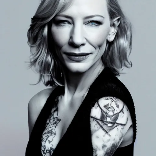 Image similar to high resolution portrait of cate blanchett with full body tattoo , highly detailed, photorealistic, 4k