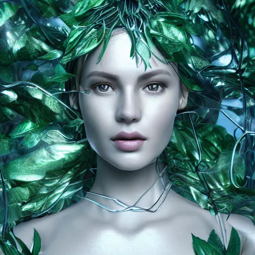 Prompt: a highly detailed digital image of a silver covered elegantly posed futuristic woman beautifully intertwined in green leafy foliage like leaves shot, full body shot, by Andrew Chiampo, artstation, and Frederik Heyman, extremely detailed woman, stunning volumetric lighting, hyper realism, fantasy 4k