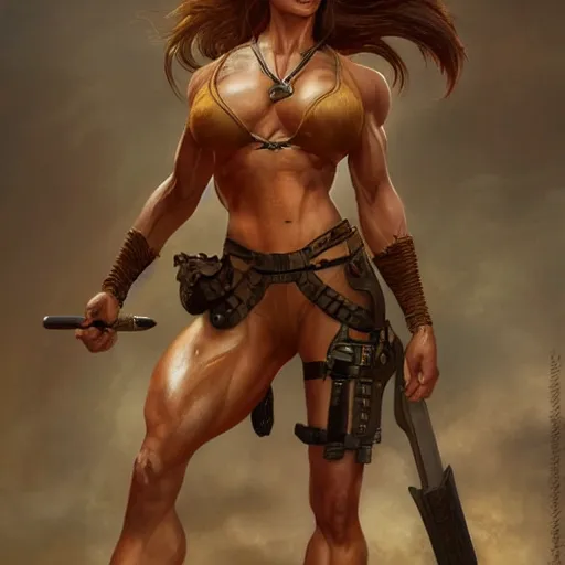 Image similar to lara croft as a female bodybuilder redhead showing her abs, fantasy, intricate, elegant, highly detailed, digital painting, artstation, concept art, matte, sharp focus, illustration, art by aenaluck and roberto ferri and greg rutkowski, epic fantasy, digital painting