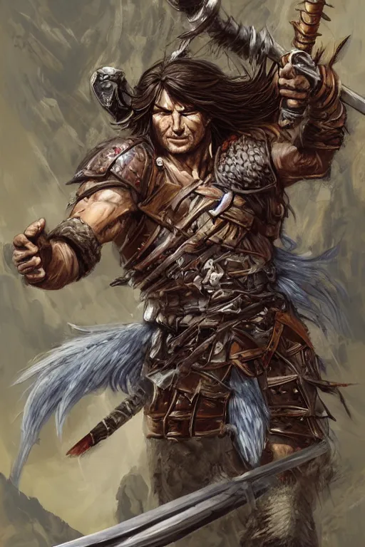 Image similar to A semi realistic portrait of a young handsome male barbarian with long wild hair, intricate fantasy spear, plated armor, vivid colors, colored, D&D, dungeons and dragons, tabletop role playing game, rpg, jrpg, digital painting, by Frank Frazetta and Yusuke Murata, concept art, highly detailed, promotional art, HD, digtial painting, trending on ArtStation, golden ratio, rule of thirds, SFW version