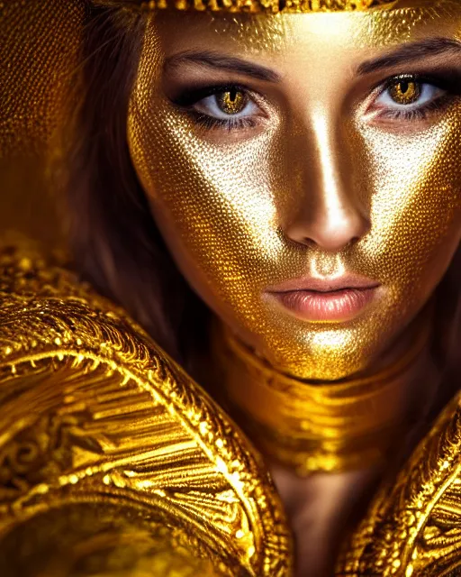 Image similar to cell shaded portrait of woman in shining golden armor, high production value, intricate details, high resolution, hdr, high definition, masterpiece, realistic, ultrarealistic, highly detailed, hd, sharp focus, non blurry, sharp, smooth