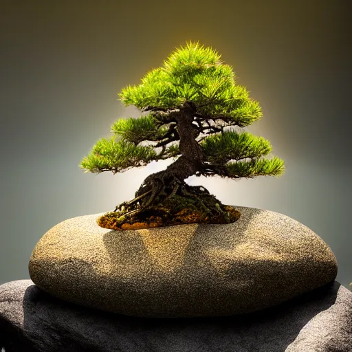 Prompt: photo bonsai fir on a small rock with shades of edges, in lake, gold hour, medium shot, volumetric lighting, beautiful, ultra detailed, cgsociety by leesha hannigan, thierry doizon, kai carpenter, ignacio fernandez rios, 3 5 mm, fujifilm