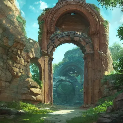 Prompt: concept art painting of an ancient ornate stone archway that is a portal to another world, inside the arch is a magical portal to another dimension, in the woods, realistic, detailed, cel shaded, in the style of makoto shinkai and greg rutkowski and james gurney