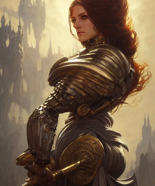 Image similar to Muscular and powerful medieval knight woman portrait, sci-fi, amber eyes, face, long hair, fantasy, intricate, elegant, highly detailed, digital painting, artstation, concept art, smooth, sharp focus, illustration, art by artgerm and greg rutkowski and alphonse mucha