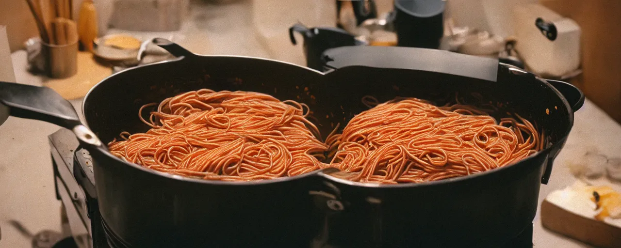 Image similar to medium shot of spaghetti being cooked in a large pot, minimal, sharply focused, canon 5 0 mm, wes anderson film, kodachrome