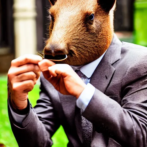 Image similar to smoking cigar, a man wearing a suit capybara head (smoking cigar)