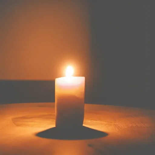 Image similar to dslr, candle that is lit on a table, in a candle holder, in a dark room, eerie glow, extreme quality, real photo, real camera, moody lighting, 8 k