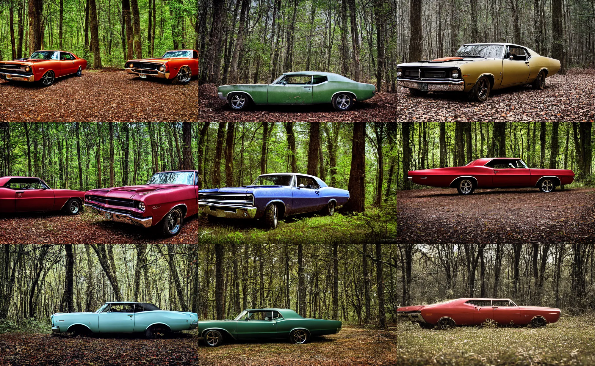 Prompt: photograph old muscle car in the woods