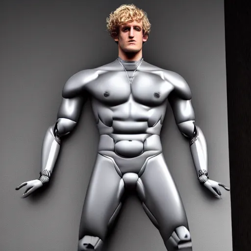 Image similar to a realistic detailed photo of a guy who is an attractive humanoid who is half robot and half humanoid, who is a male android, boxer logan paul, shiny skin, posing like a statue, blank stare, in a living room, on display, showing off his muscles