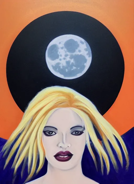 Prompt: portrait of beautiful blonde woman as a Dark evil witch, big moon in the background, oil painting by me