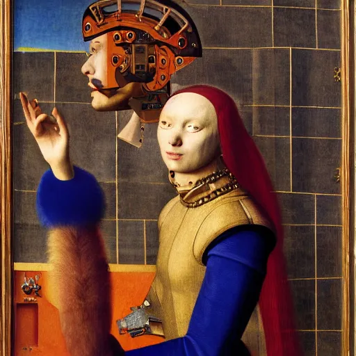 Prompt: a portrait of cyborg princess connected to a man-machine interface by Jan van Eyck, renaissance style