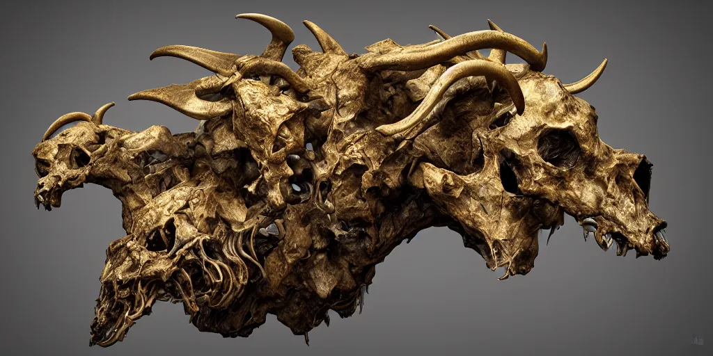 Prompt: photorealistic strange sculpture made of ram skulls, horse skulls, goat skulls. occult photorealism, uhd, amazing depth, glowing, golden ratio, 3 d octane cycle unreal engine 5, volumetric lighting, cinematic lighting, cgstation artstation concept art