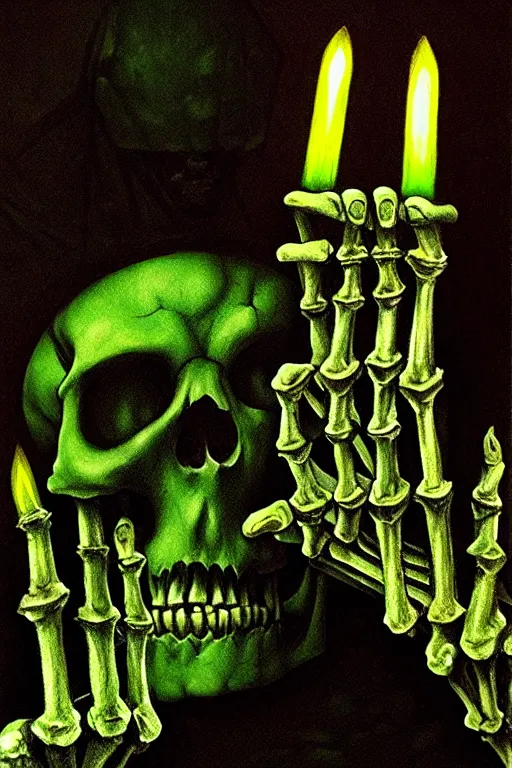 Prompt: a skeleton holding one hand aloft, glowing green candles, obelisks and black pyramids, obsidian ground, oil painting, high detail, dark lighting, atmospheric, extremely detailed, intricate, da vinci, michelangelo, caravaggio, hans holbein, raphael, donatello, 8 k