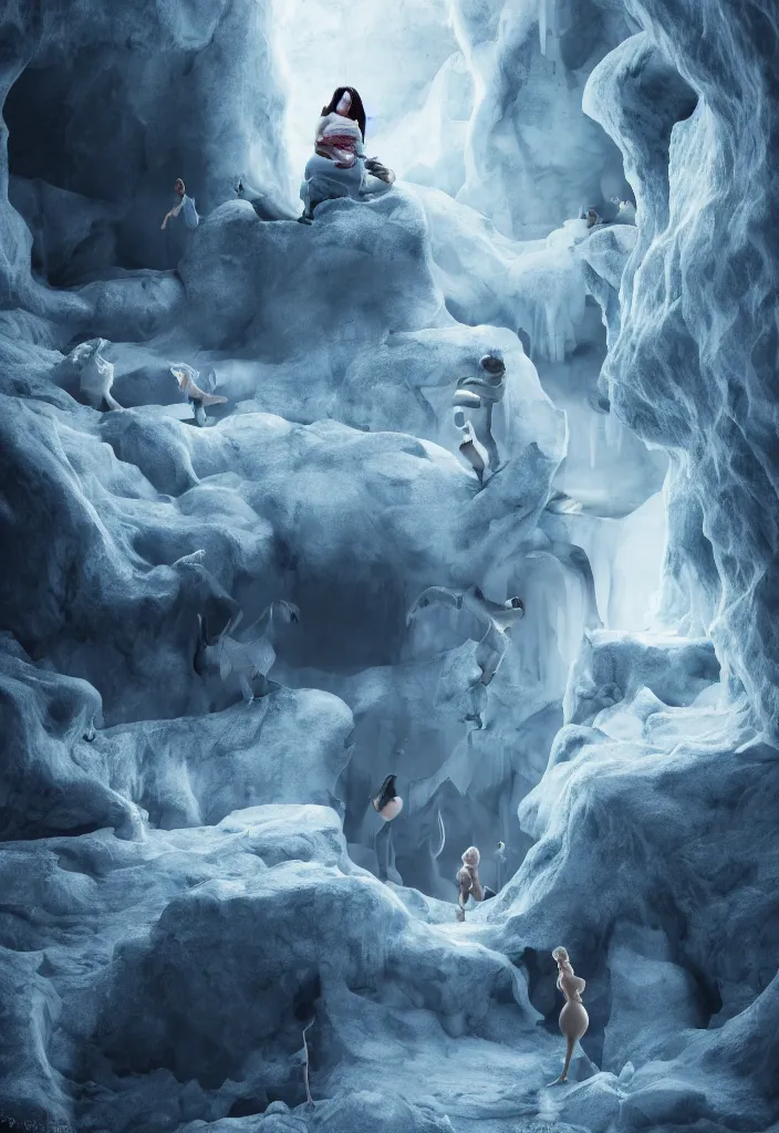 Prompt: epic pregnant woman making a speech to all her white tribe, proud people looking at the pregnant woman, ice cave, facinating, fantasy digital art, octane render, beautiful composition, trending on artstation, award - winning photograph, masterpiece