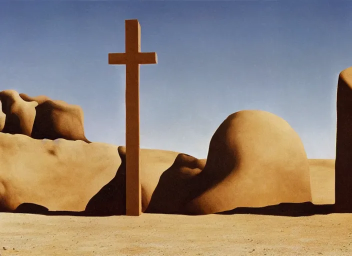 Image similar to strange pagan giant monument in the middle of a desert by salvadore dali and rene magritte