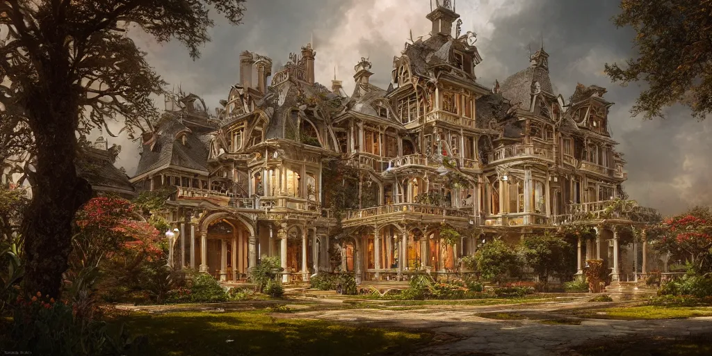 Image similar to a late Victorian mansion surrounded by beautiful gardens, view from ground level, intricate, elegant, highly detailed, ornate, beautifully lit, ray traced, octane render by Peter Mohrbacher and Peter Gric