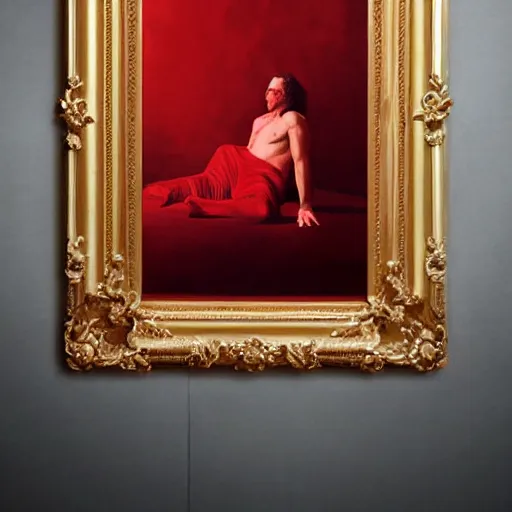 Image similar to Alan Rickman full body laying in a blood red pool of water between a golden mirror frame, outside is space and inside the mirror frame is a beautiful landscape., physically accurate, dynamic lighting, intricate, elegant, highly detailed, very very Roberto Ferri, sharp focus, illustration, art