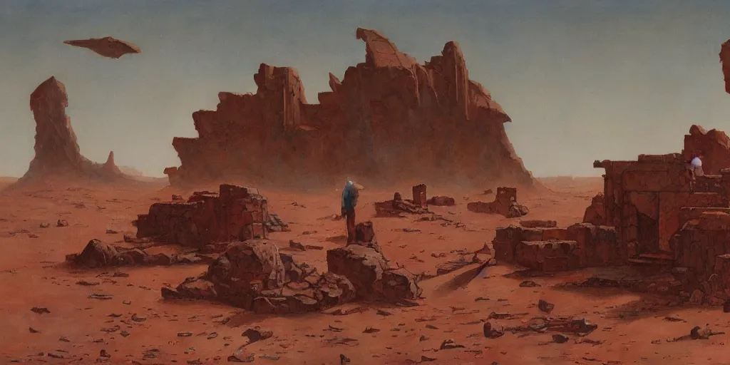 Prompt: ruins of an acient art deco civilization on mars, red desert, painted by ruan jia, raymond swanland, lawrence alma tadema, zdzislaw beksinski, norman rockwell, jack kirby, tom lovell, alex malveda, greg staples