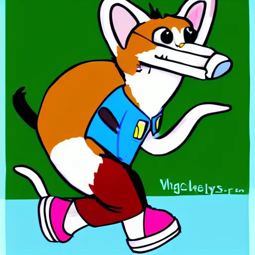 Image similar to Furry character of a weasel in shortalls and colorful sneakers, attending first day of kindergarten, digital art, high quality, one panel comic, deviantart