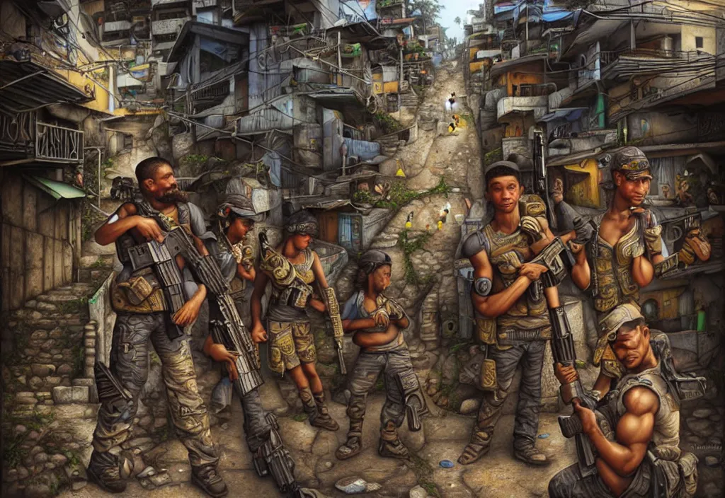 Image similar to photorealistic favela rio with precise rendered guns with intricate details of gun and kids in by Justin Gerard