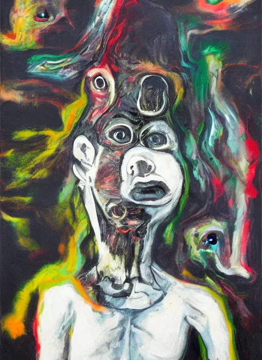 Prompt: brutal black clothes, scary dog, full frame girl with white eyes, grotesque, doomed, acrylic paint, high resolution gouache on canvas, ugly vibrant colors, grotesque, wrapped thermal background, art francis bacon