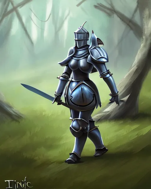 Image similar to concept art of a thicc female knight, wearing heavy medival knight armor, holding a long sword, walking through a foggy oak forest | | epic - fine - clean, polished, trending on artstation, brush strokes