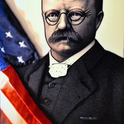 Prompt: a portrait of teddy roosevelt with cyborg enhancements, presidential portrait, hyper detailed