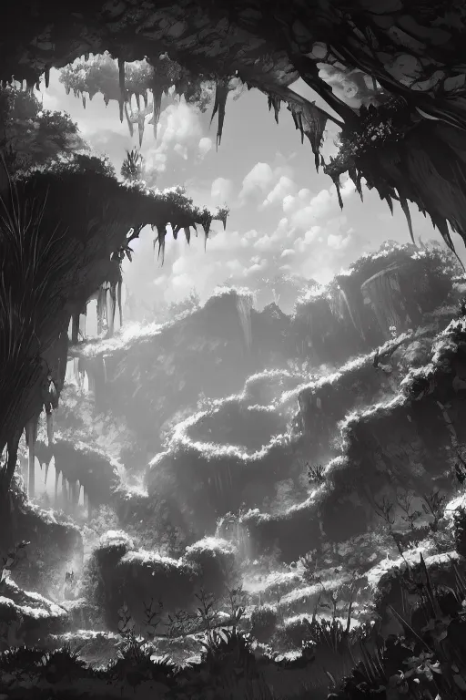 Prompt: overgrown cave, deep abyss cave manga background black and white, in style of made in abyss, no humans,