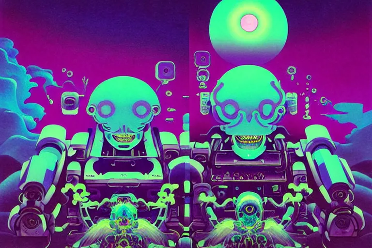 Image similar to muted vaporwave ombre, sharp focus, strong lighting, clean lines, sinister eldritch neural diaphanous skullpunk spirits in the enchanted intergalactic mecha garden, man - machine chimeric beholder polyphemous by okuda san miguel by jerimiah ketner by tatsuyuki tanaka by agostino arrivabene and wayne england