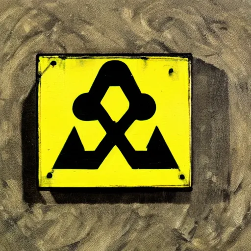 Image similar to oil painting of a small sign showing a radioactive symbol, in the background there is a cooling nuclear tower with lots of steam, the sky is green and yellow