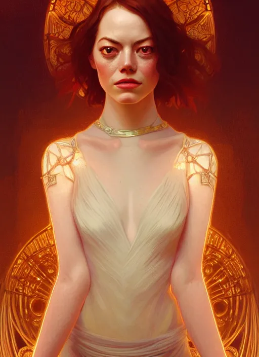 Prompt: portrait of emma stone, intricate, elegant, glowing lights, highly detailed, digital painting, artstation, glamor pose, concept art, smooth, sharp focus, illustration, art by wlop, alphonse mucha and greg rutkowski