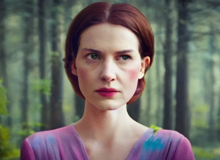 Image similar to cinematic mid shot of a high detail, refined woman's face looking off camera. fine facial features. she stands in an empty, pastel colourful 3 d, forrest scene, shallow depth of field, multiple copies of the woman, by jeffrey smart and gregory crewdson and edward hopper, inspired by the grand budapest hotel