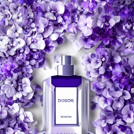 Prompt: perfume bottle surrounded by artistic, blurred blue and lilac flowers, white background, simple path traced, environment, sephora, dior